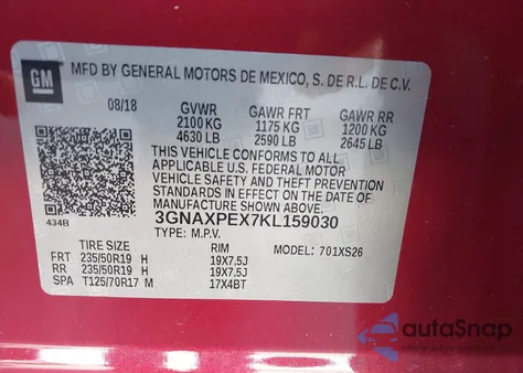 2019 Chevrolet Equinox Premier z USA, uszkodzony, nr VIN 3GNAXPEX7KL159030
